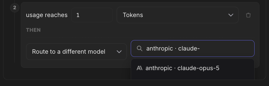 Console model picker for a Route tier, searching 'anthropic · claude-' and showing anthropic · claude-opus-5 as a match